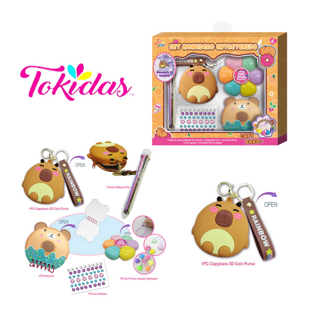 SET CAPYBARA MONEDERO CON LAPIZ FLOR Y ACCESORIOS